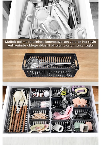 14 Parça Modüler Kaşıklık Seti - Çok Amaçlı Çekmece İçi Düzenleyici Mutfak Organizer Kepçelik Siyah