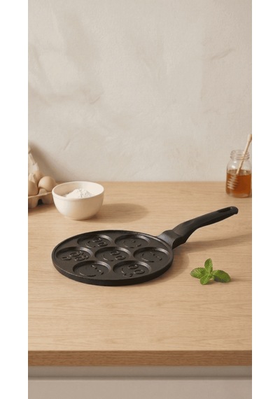 Panface Emoji Pancake Tavası 27 Cm 7 Bölmeli Döküm Alüminyu... Siyah