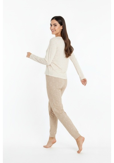 Üstü Love Yazılı Altı Desenli Elite Viscose Uzun Pijama Takımı Krem 3562 Krem