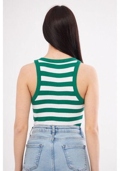 Mea Capio Kadın Çizgili Fitilli T-shirt Halter Yaka Örme Atlet Yeşil - Yeşil