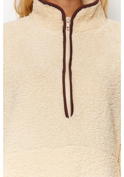 Ersefa Tarz Regular Dik Yaka Düşük Kol Regular Peluş Örme Spor Sweatshir Ekru