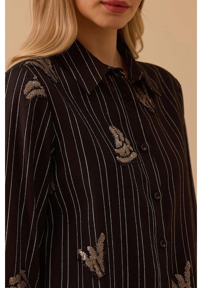 Seçil Kadın Çizgili İşlemeli Motif Detaylı Uzun Tunik 1048 Siyah
