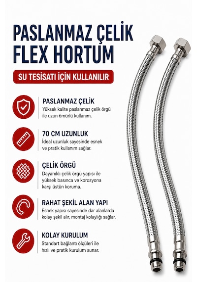 70 Cm Paslanmaz Çelik Örgülü Flex Hortum 3/8 Su Bağlantı Hortumu Batarya Ve Klozet Uyumlu