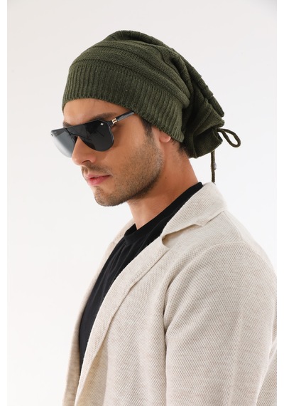 Ritagarcia Unisex Arkası İpli Büzgülü Triko Bere Kışlık Dökümlü Slouchy Beanie Bere Haki