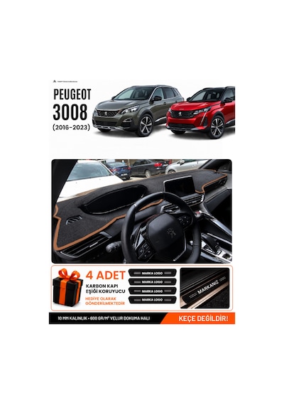 Peugeot 3008 2016-2023 Uyumlu Torpido Örtüsü, Torpido Kılıfı - Siyah Kahverengi