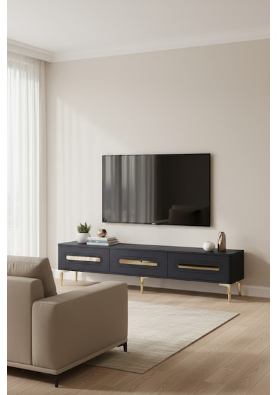 Tsa1806ag - Rany Tsa180 Tv Stand, Tv Sehpası Ve Tv Ünitesi Antrasit-gold 180cm Gri