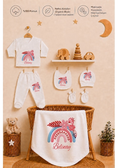 Pia Baby Kişiye Özel Kız Bebek Hastane Çıkışı 10 Parça %100 Pamuk Organik Baskılı Set 202910yx Ekru
