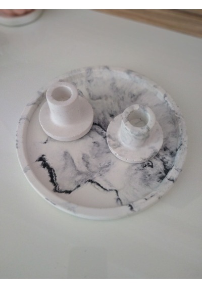 Marble Serisi Beton Tepsi Ve 2'li Mumluk,taki Tabağı,tütsülük Gri