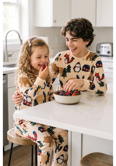 Zuzunga Sevimli Kardan Adam-penguen Desenli %100 Pamuk Unisex Çocuk Pijama Takımı Krem