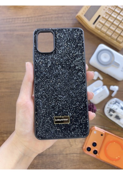 Samsung A06 Uyumlu Kadife İç Yüzey Tasarımlı Taşlı Işıltılı Parlak Pırlanta Kılıf Dia Plus Siyah