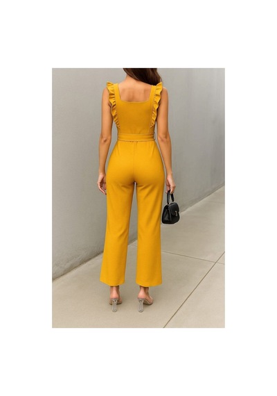 DefyModa Kadın Tasarım Tül Kumaş Kare Yaka Kuşaklı Tulum Sarı