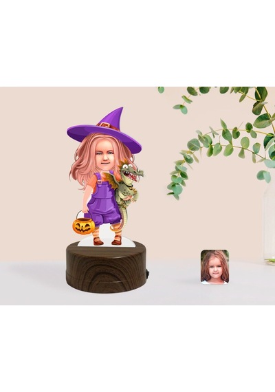 Kişiye Özel Küçük Cadı Karikatürlü Dekoratif 3D Biblo Led Işıklı