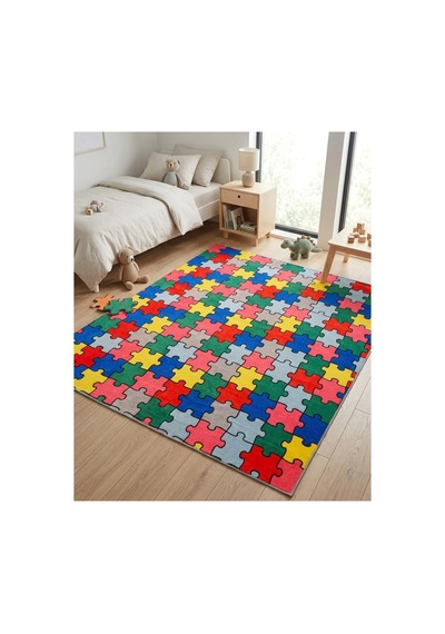 Renkli Puzzle Desenli Çocuk Odası Halısı Kaymaz Taban Eğlenceli Oyun Halısı Çok Renkli