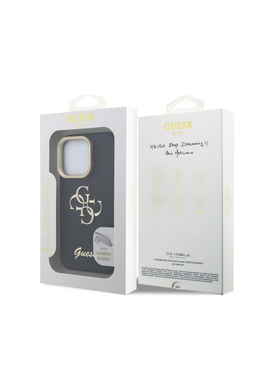 Apple iPhone 15 Pro Max Uyumlu Kılıf Guess  Lisanslı Grained Yazı Logolu Kamera Standlı Kapak Siyah