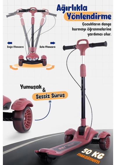 Prego Veyron Bluetoothlu Müzikli Işıklı Çocuk Scooter Katlanabilir - Yükseklik Ayarlı Bordo