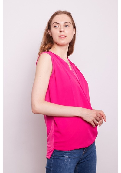 Jument Şifon Detaylı Anvelop Kolsuz Şık Likralı Parlak Kumaş Bluz-pembe Pembe