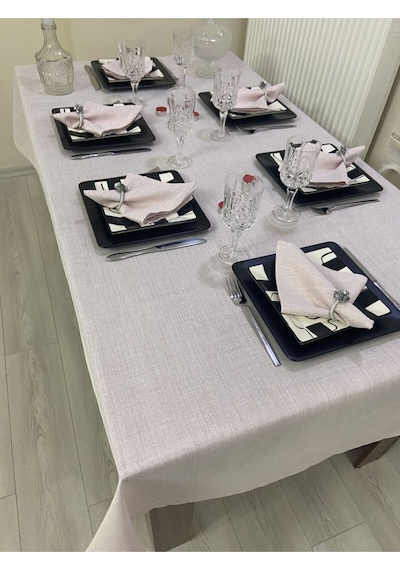 Keten Görünümlü Begonvil Simli Masa Örtüsü Pudra Pembe