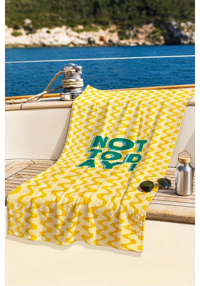 Modern Yazılı Dalgalı Plaj Havlusu - Sarı Turkuaz Retro Typografi Hızlı Kuruyan Mikrofiber Havlu Köpük Mimoza