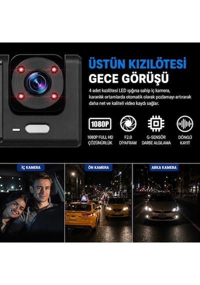 Bagajon C309 3 Kameralı Araç İçi Kamera Full Hd 1080p Ön İç Arka Kamera Gece Görüşlü 150 Geniş Açı G-sensör Döngü Kayıt Dash Cam