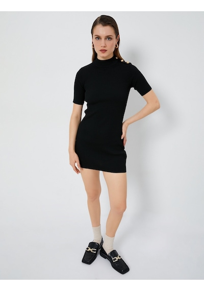 Koton Mini Triko Elbise Fitilli Kısa Kollu Dik Yaka Siyah 4wak80013ht 4WAK80013HT999