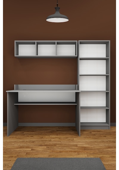 Asra Trend Çalışma Masası Seti ÇMT001 %100 MDF Kitaplıklı Raflı Ofis Takımı Kül Gri