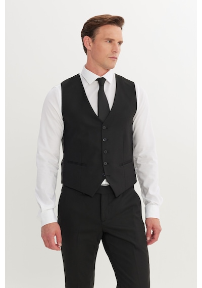 AC&Co / Altınyıldız Classics Erkek Sıyah Slim Fit Dar Kesim Kırlangıç Yaka Kapak Cepli Yelekli Takım Elbise Siyah