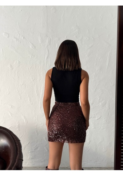 Verymoda Payetli Mini Etek - Şık Gece Ve Parti Modası F1980 Kahve