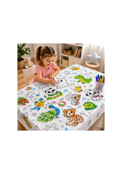 Yıkanabilir Boyama Masa Örtüsü 100 X 150 Cm Silinebilir, Tekrar Kullanılabilir Hayvan Desenli Çocuk Etkinlik Örtüsü Beyaz