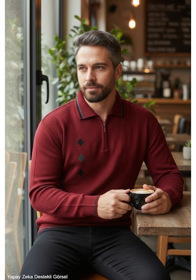 Kamalı Erkek Bordo Tüylenme Yapmayan Standart Fit Normal Kesim Nakış Desen Polo Yaka Triko Kazak Kamalı Erkek Bordo Tüylenme Yapmayan Standart Fit Normal Kesim Nakış Desen Polo Yaka Triko Kazak