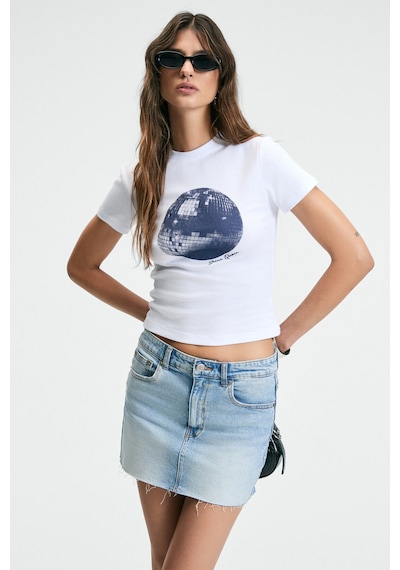 Grımelange ATHEA Kadın Bisiklet Yaka Kısa Kollu Önü Baskılı Slim Beyaz / Desenli T-Shirt