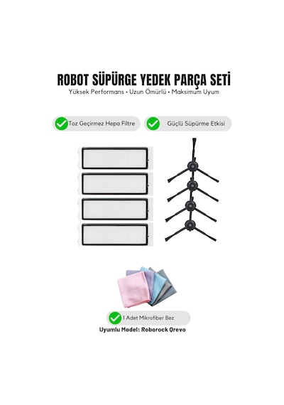 Roborock Qrevo İle Uyumlu 4 Siyah Yan Fırça 4 Filtre 1 Temizlik Bezi 10.0