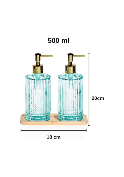 Buççin Online Mağaza Ahşap Standlı 2 Li Cam Sıvı Sabunluk 500 Ml Modern Banyo Ve Mutfak İçin Dekoratif Cam Sabunluk Seti Çok Renkli