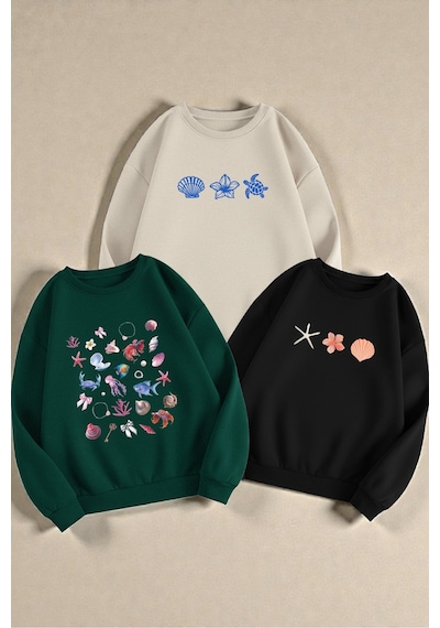 Uyguntarz Çok Renkli Deniz Kabukları Serisi Baskılı Sweatshirt 3'lü Fırsat Paketi