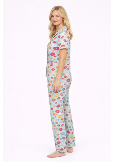 Burcumay Kadın Çok Renkli Donut Desenli Kısa Kollu Yazlık Pijama Takımı Çok Renkli
