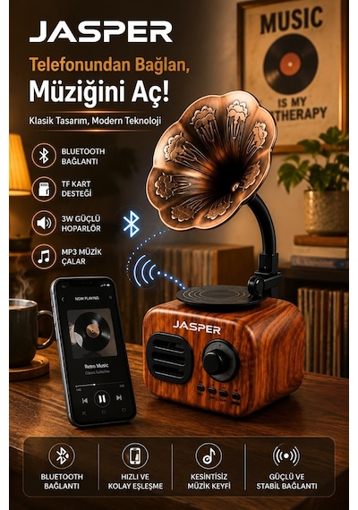 Jasper Jpr-1513 Nostalji Gramofon Bluetooth Hoparlör Kablosuz Taşınabilir Ses Tasarımlı Bombası Extra Bass