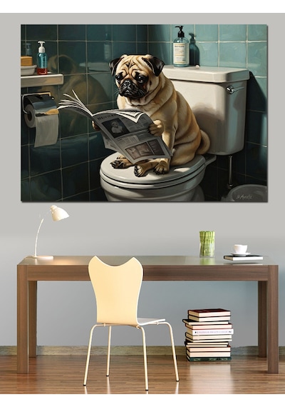 Ahşap Tablo Gazete Okuyan Komik Pug Köpek
