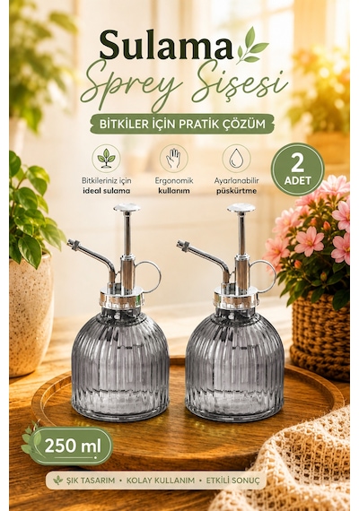 Porsima 15731 2'li Cam Sprey Şişe Seti 250 Ml Gri Cam Çiçek Bitki Sulama Püskürtücü & Sprey Yağdanlık