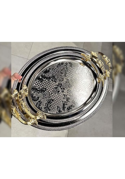 Lüx 2'li Kararmaz Gümüş Oval Servis Sunum Çay Kahve Tatlı Tepsisi 3857 Gümüş