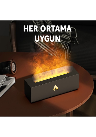 Robeve Şömine Görünümlü Aroma Difüzör Ve Hava Nemlendirici Alev Efektli Led Işıklı, Sessiz Çalışan Ultrasonik Buhar Makinesi, Aromaterapi Ve Dekoratif Ortam Aydınlatması Siyah