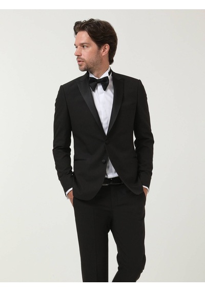 Kip Siyah Desenli Slim Fit Kruvaze Yaka Dokuma Smokin Takım Elbise 001