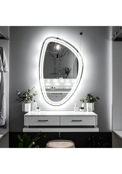 Elan Asym Beyaz Led'li Kumlamalı Lavabo & Banyo Aynası Dokunmatik Sensörlü 70 X 45