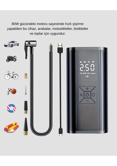 Kablosuz Dijital Lastik Şişirme Pompası Led Işıklı 80w Belirtilmemiş