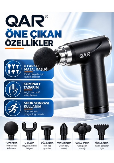 Qar Masaj Tabancası 6 Başlıklı Derin Doku Kas Masaj Aleti Sessiz Çalışan Şarjlı Taşınabilir Sporcu Masaj Cihazı Siyah