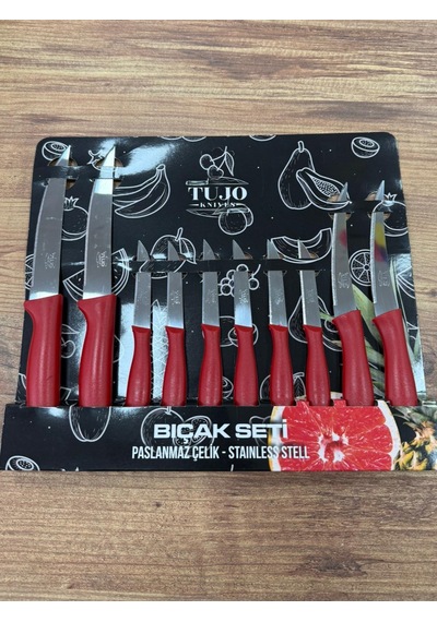 10 Lu Lazer Kesim Tırtıklı Bıçak Seti, 2 Adet Ekmek Bıçağı, 2 Adet Sebze Bıçağı, 6 Adet Meyve Bıçağı Kırmızı