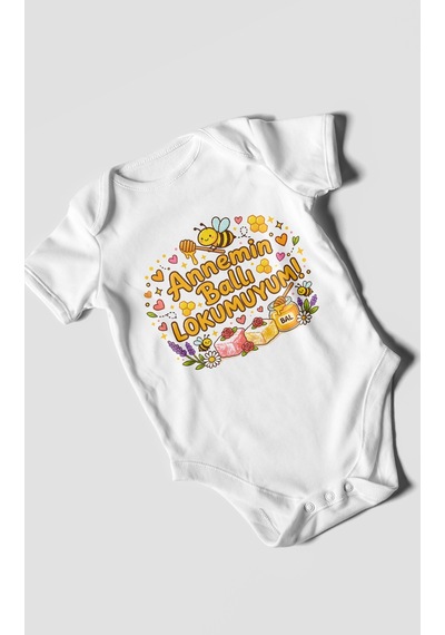 Morivokids Annemin Ballı Lokumuyum Kısa Kollu Bebek Body %100 Pamuk Beyaz