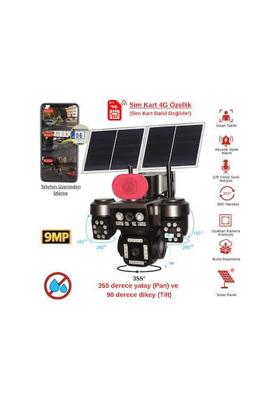 Apronx 9mp 4g Solar Ptz Kamera 3 Ekran Üçlü Görüş 12w Çift Panel 20.000 Mah Batarya Sım Kartlı
