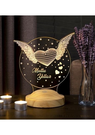 Mutlu Yıllar Hediyesi Kanatlı Kalp 3d Led Lamba Diğer