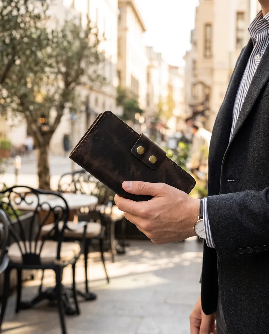 Natderi %100 Hakiki Deri Çıtçıtlı El Portföyü Cüzdan Telefon Bölmeli Cüzdan - 9x19 Cm Taba & Acı Kahve Acı Kahverengi
