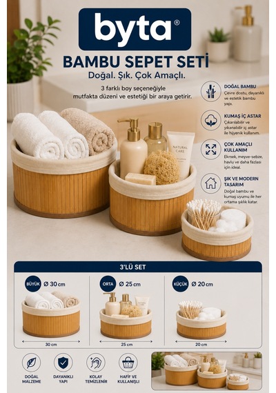 Bambu Sepet Seti Çok Amaçlı Kullanıma Uygun Gıdaya Teması Uygun Bez Astarlı Organizer 30 Cm, 25 Cm, 20 Cm Çap Beyaz