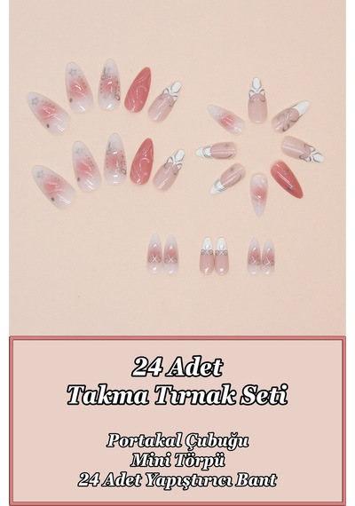 Badem Tırnak Kırmızı Ombre Orta Uzunlukta 24 Adet Takma Tırnak Seti Z863 Kırmızı